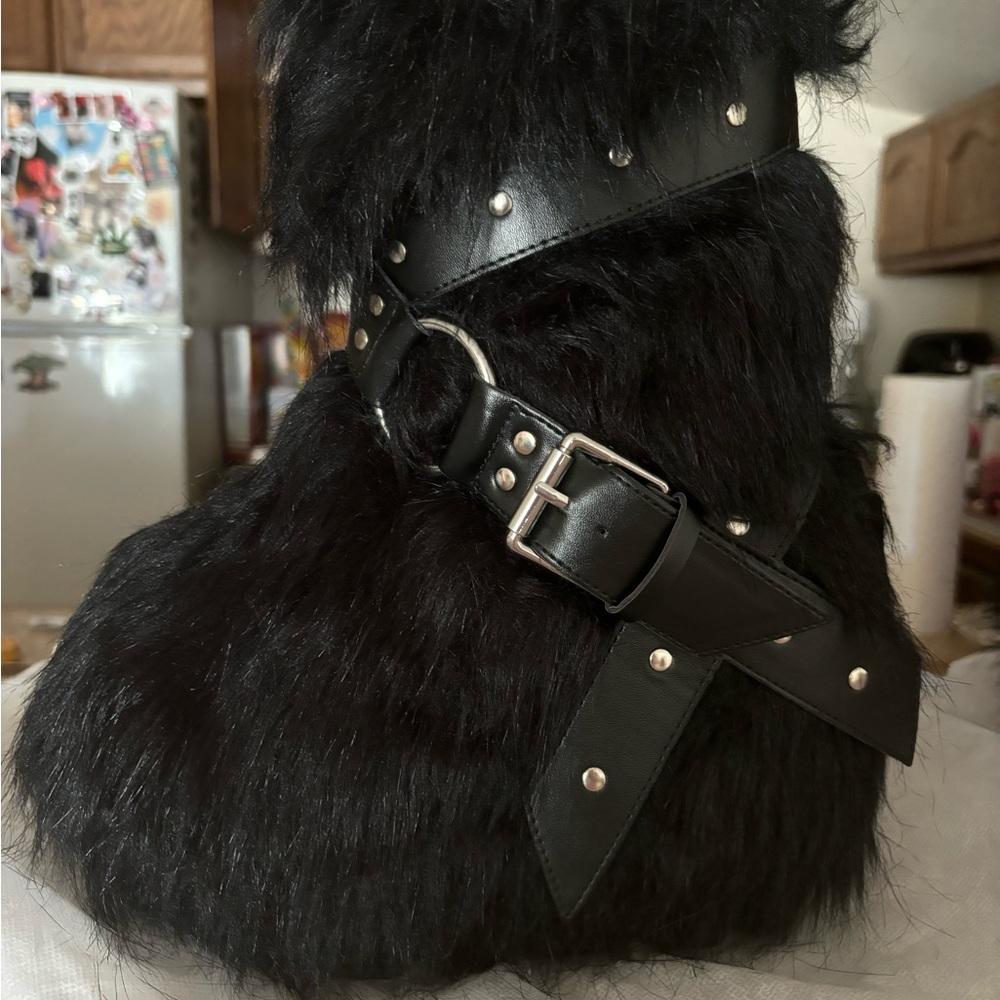 Black Faux Fur Boots with Buckle DOLLSKILL